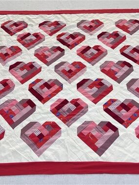 Handmade Red Hearts Patchwork Cotton Queen Size Quilt Top/Topper